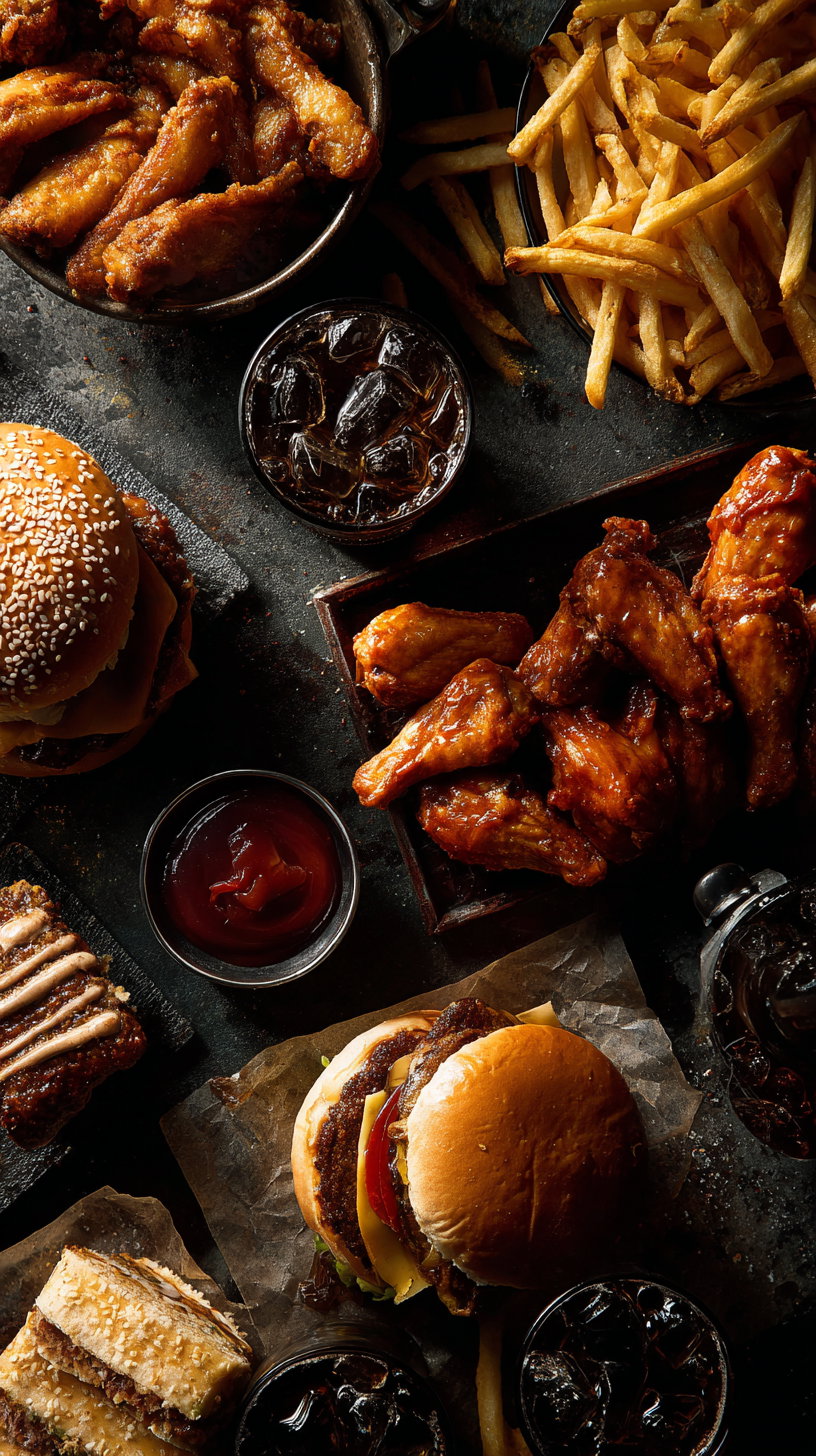 Top view of a variety of fast food including two cheeseburgers, fried chicken wings, French fries, dipping sauce, iced cola drinks, and a dessert bar on a dark textured surface