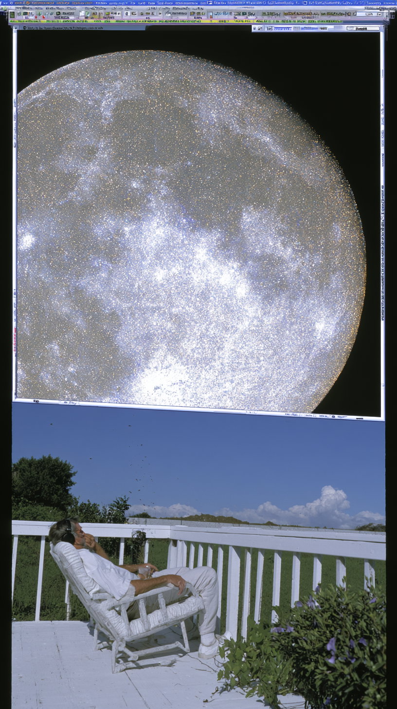 A man wearing white clothes and headphones sits in a white rocking chair on a porch under blue sky, with a large print of a starry moon partially visible above his head