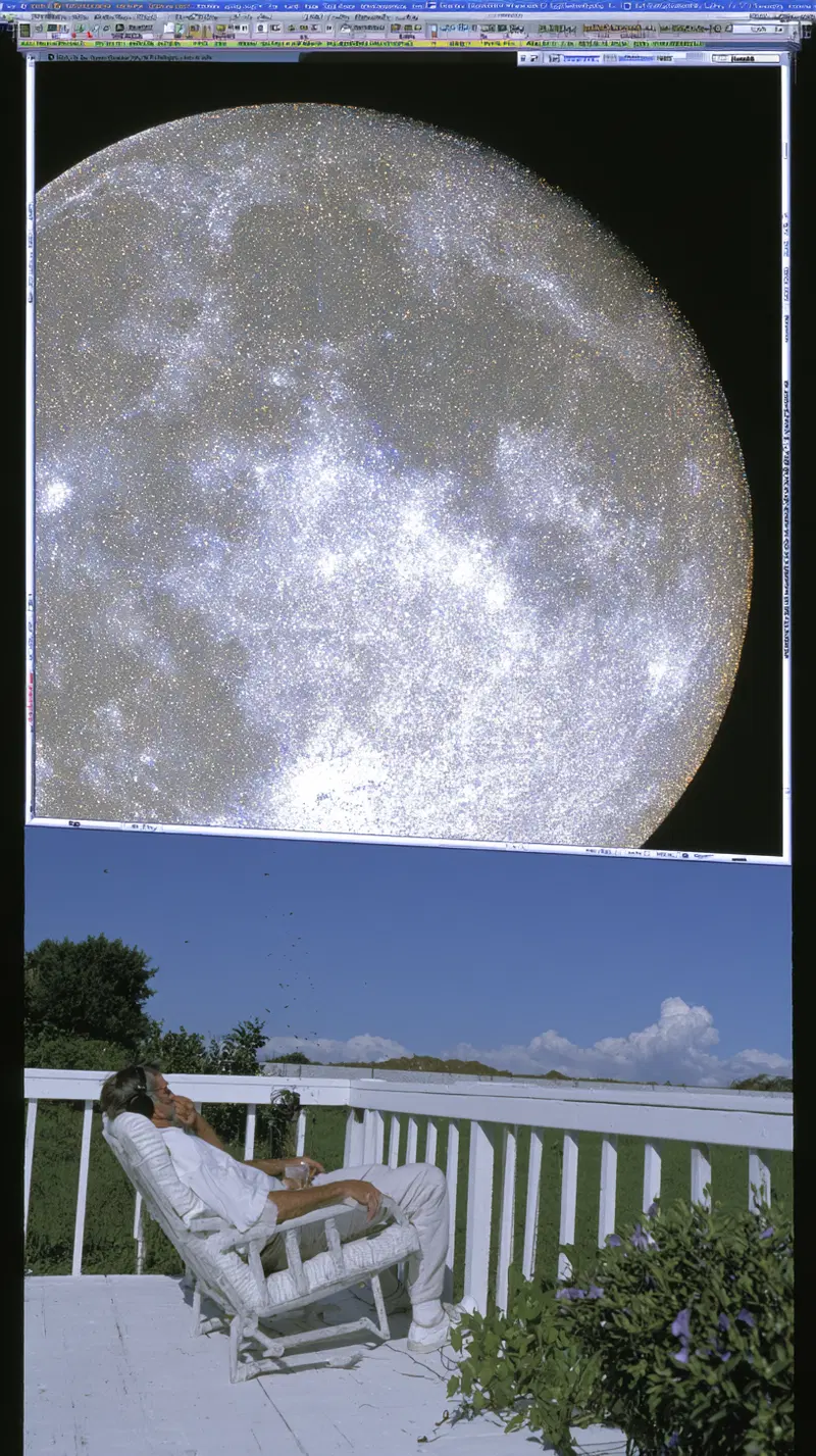 Relaxed man seated on porch enjoying a dreamy starry moon art print