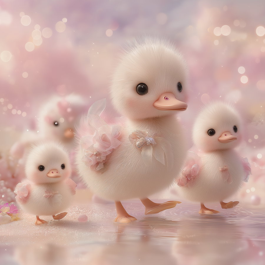 Three fluffy, white ducklings with large black eyes and small orange beaks adorned with delicate pink flower decorations, standing on a reflective wet surface with a dreamy bokeh background in pastel pinks.