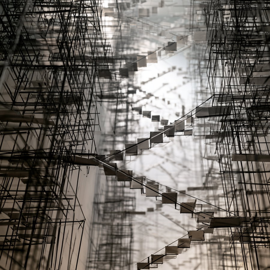 Complex abstract art installation made of multiple interconnected wireframe structures with suspended small platforms creating a sense of depth and geometric patterns