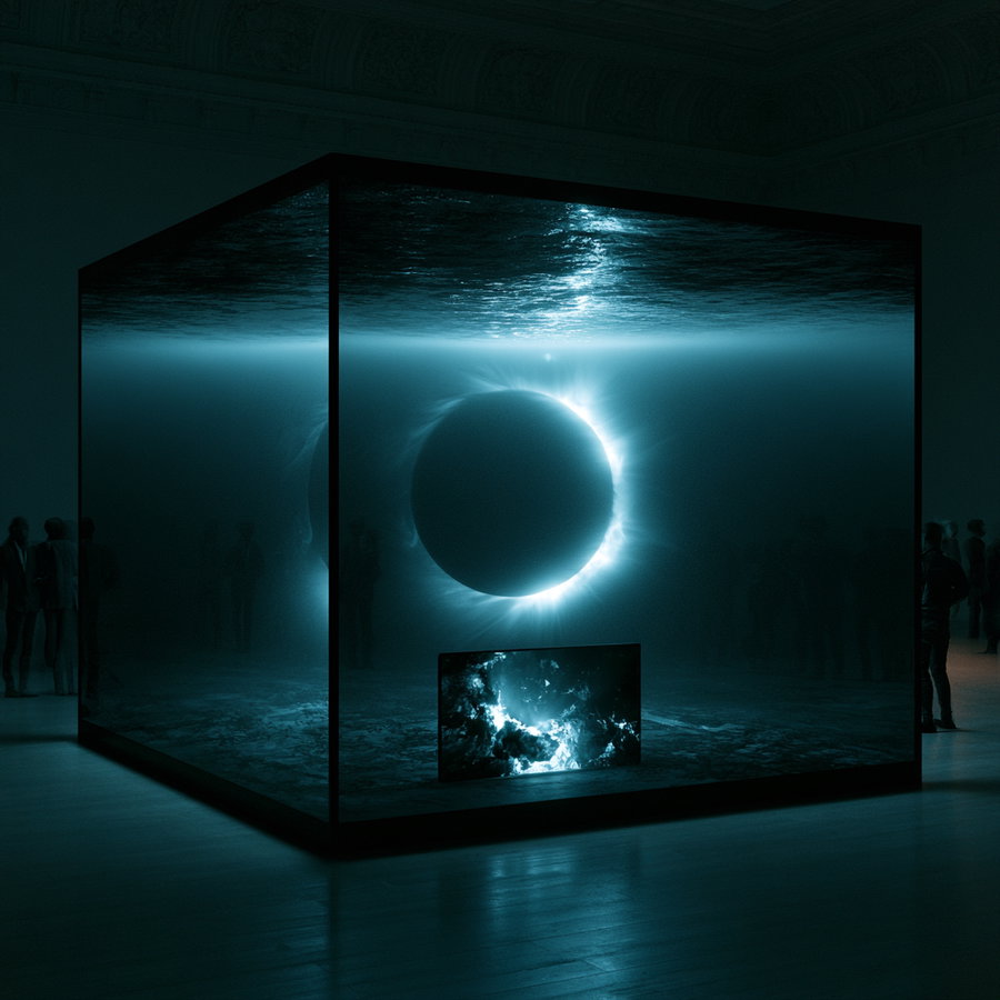 A dark room with a large illuminated cube featuring a blue glowing eclipse design inside, surrounded by silhouettes of people observing the installation.