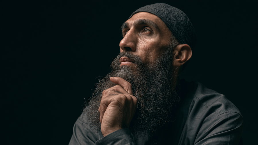 Close-up portrait of a man with a long beard and a skull cap looking upwards against a dark background