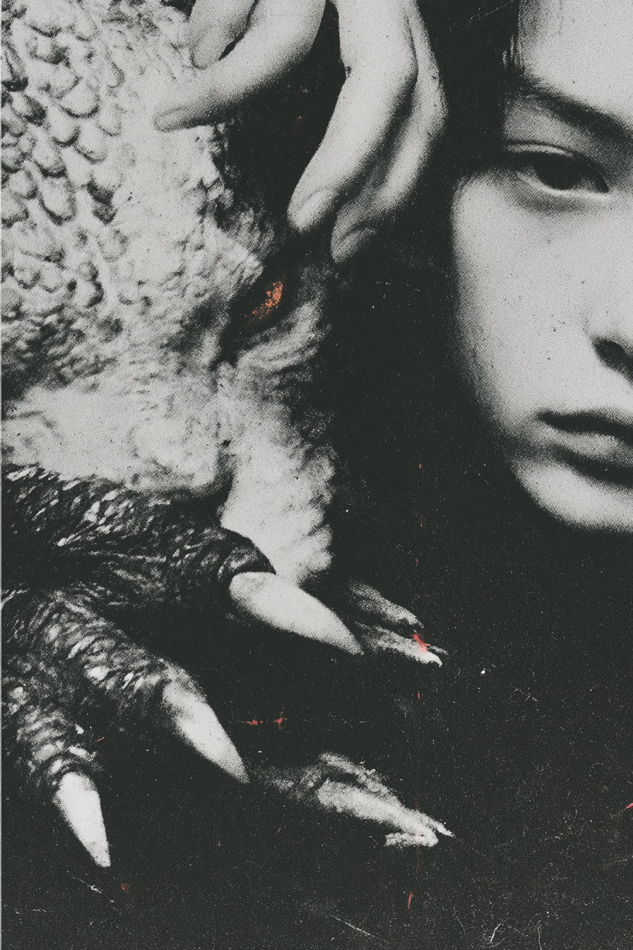 Black and white close-up photo showing the right side of a woman's face and a textured bird's claw with sharp talons holding near her head