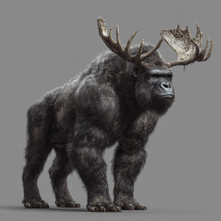 A digitally created image of a gorilla with dark fur standing on all fours, but with large, detailed moose antlers on its head, set against a plain gray background.
