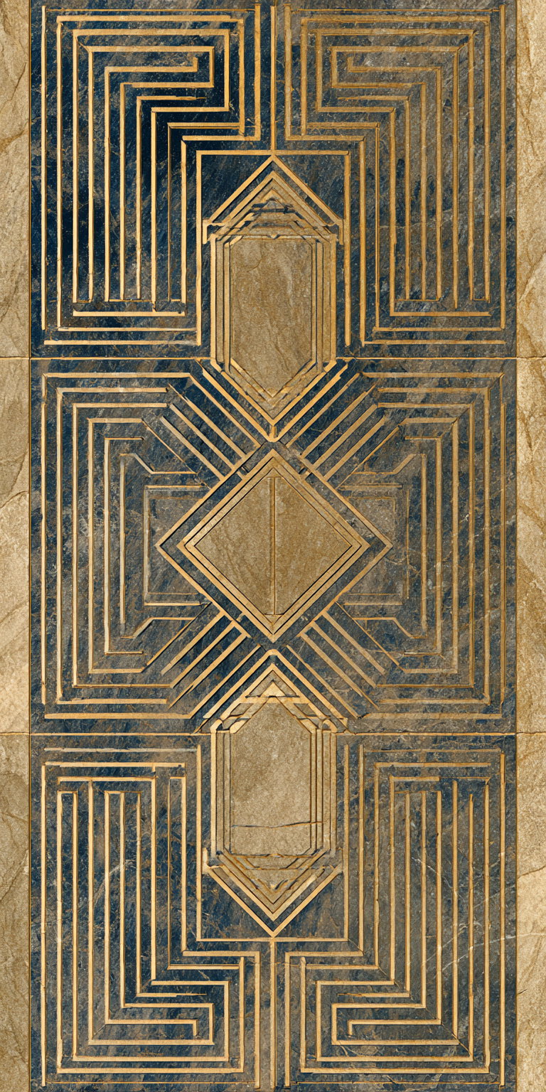 A decorative wall panel featuring a complex geometric design with gold lines on a dark blue and stone background, forming diamond and triangular shapes
