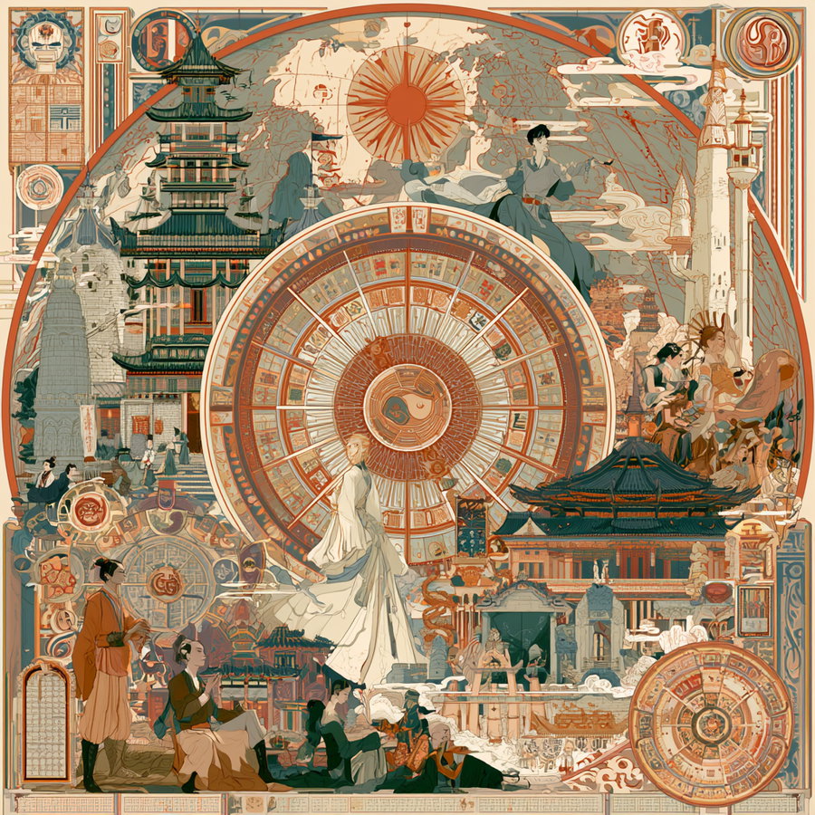 Detailed illustration of classic European and Asian architecture, large circular motifs resembling ancient timepieces, clouds, and multiple figures dressed in historical clothing