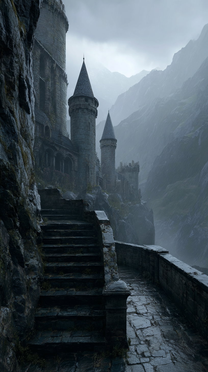 A stone fortress with tall, conical towers built into a cliffside surrounded by misty mountains and cloudy sky