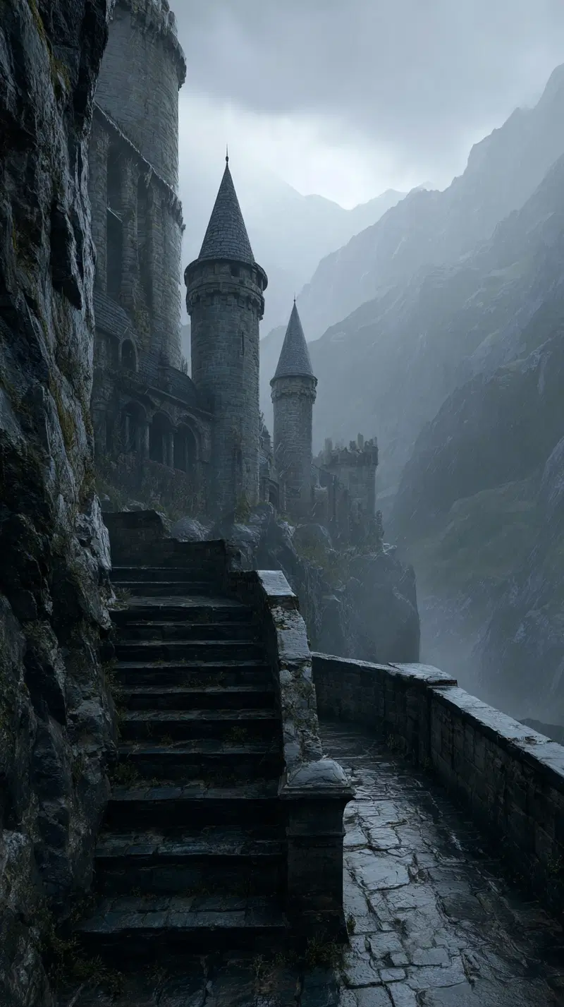 Misty mountain fortress with medieval stone towers and stairs