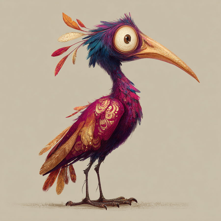 A whimsical colorful bird with large eye, detailed feathers, and ornate gold patterns on wings, standing on a neutral beige background