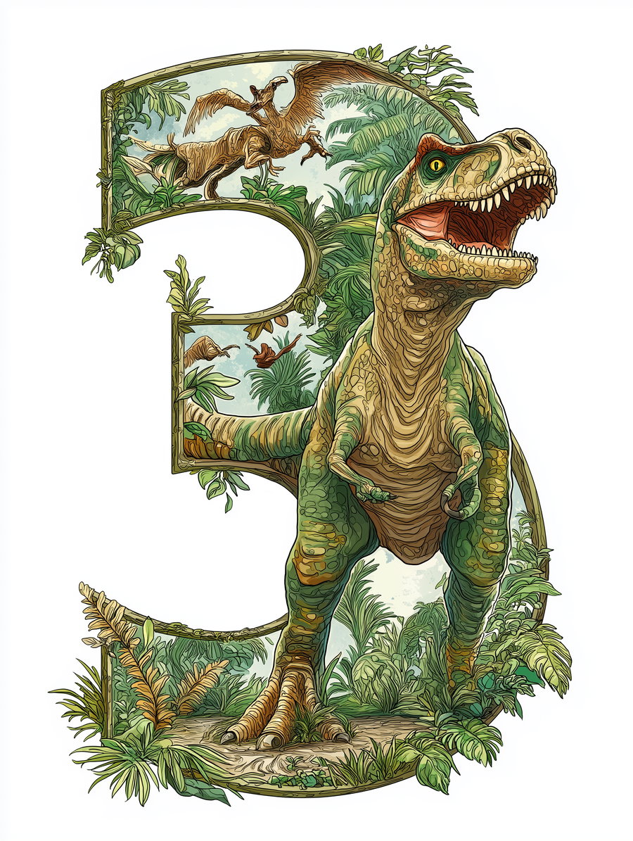 Artistic number three filled with illustrations of dinosaurs and lush greenery