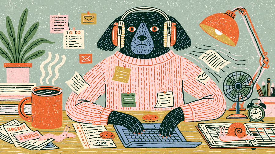 Illustration of a black dog with orange headphones and a pink sweater typing on a keyboard at a desk filled with coffee, plants, notes, cookies, snails, a lamp, a fan, an alarm clock, and stationery