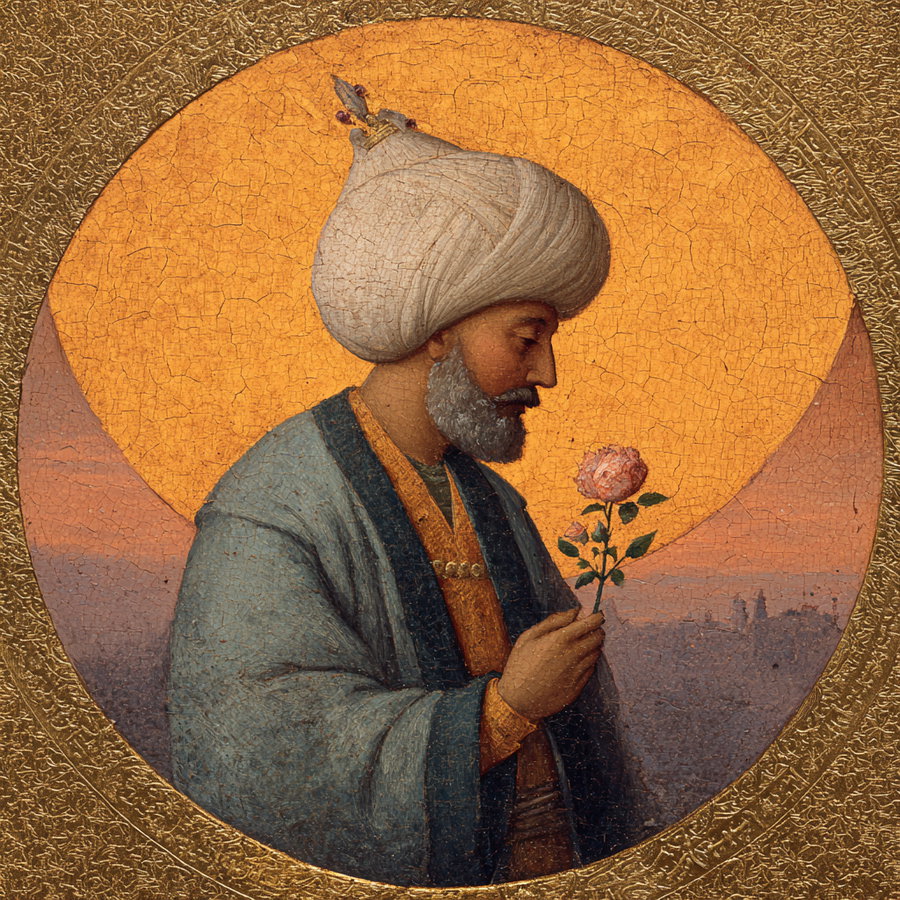 Classical painted portrait of a man in traditional attire and turban holding a pink rose, set within a textured golden circular frame background