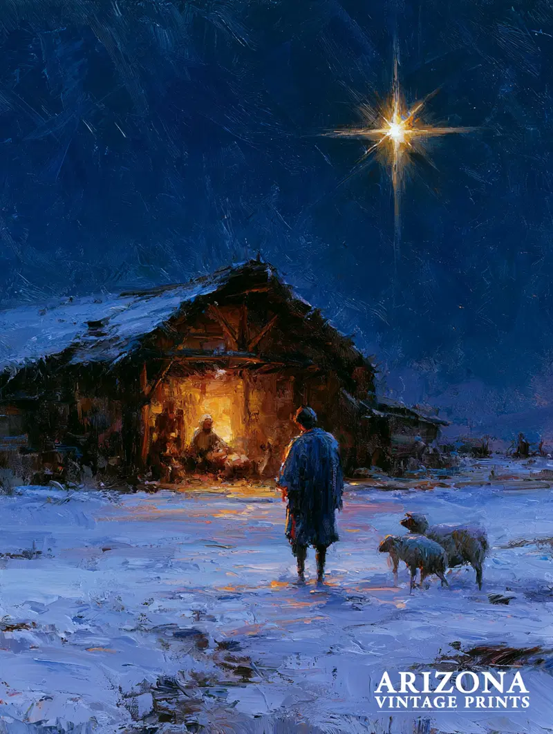 Vintage style painting of a nativity scene with star shining over snowy stable