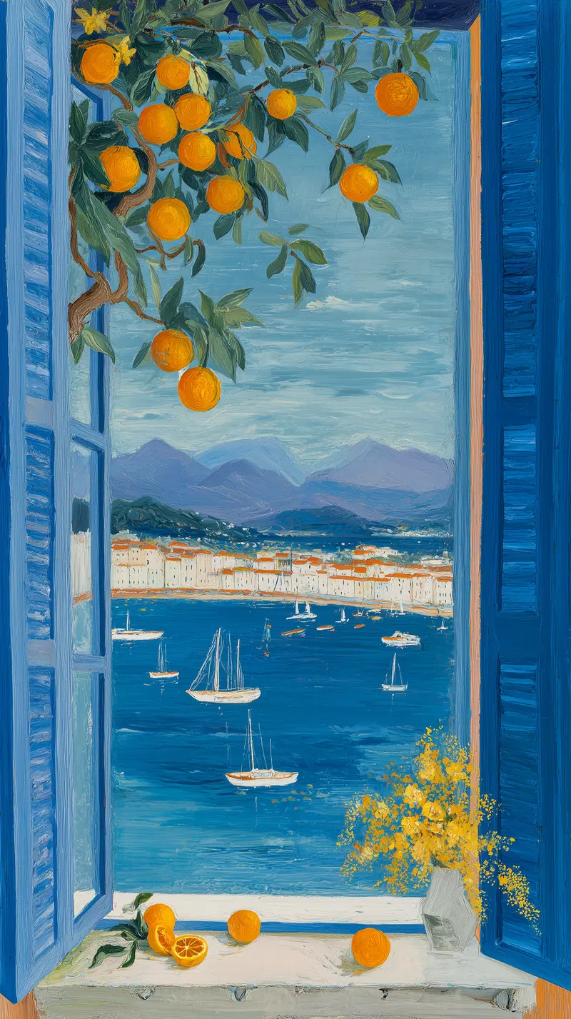 Colorful coastal landscape painting with blue shutters and orange tree