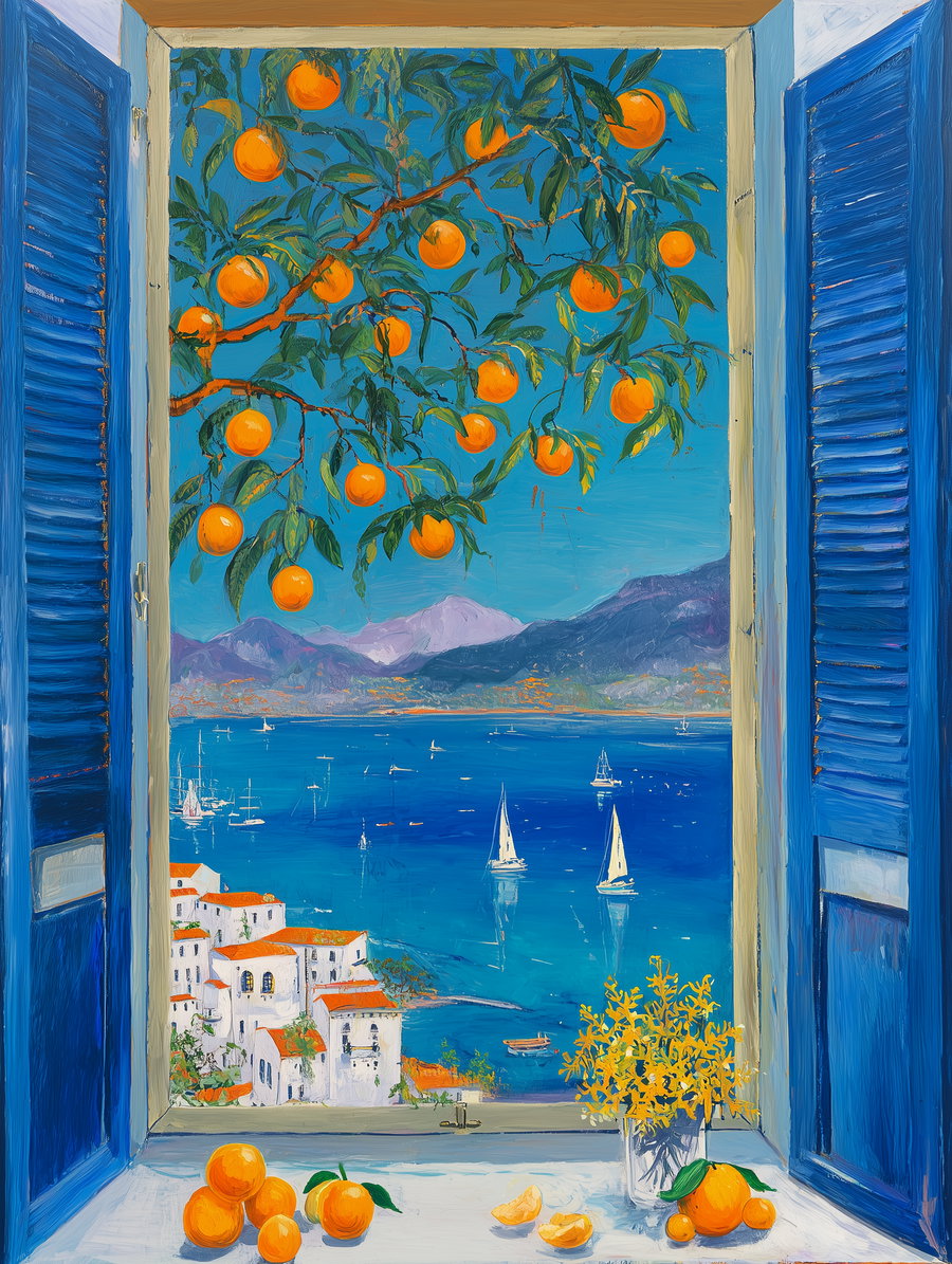 Painting showing a coastal town with white buildings and orange roofs by a blue sea, framed by open blue window shutters. Orange fruits hang from a tree branch extending into the window space, with a vase of yellow flowers and scattered oranges on the window sill.