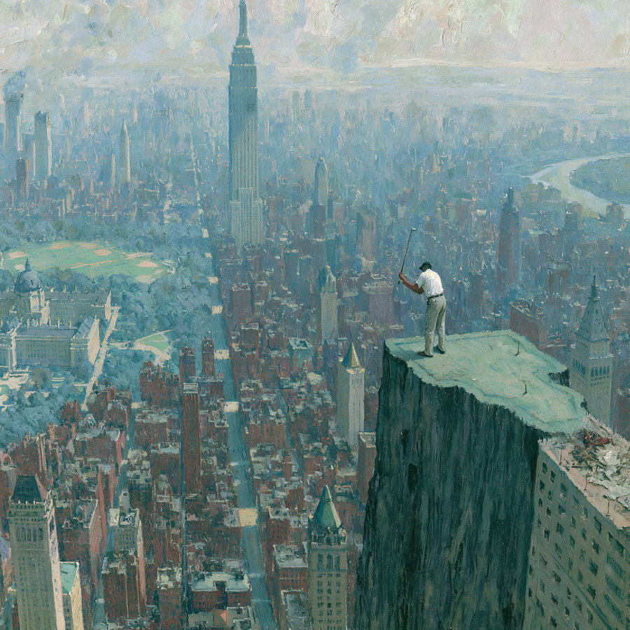 An oil painting showing a man playing golf on the edge of a tall skyscraper with a vast cityscape in the background featuring numerous buildings and a distant park.
