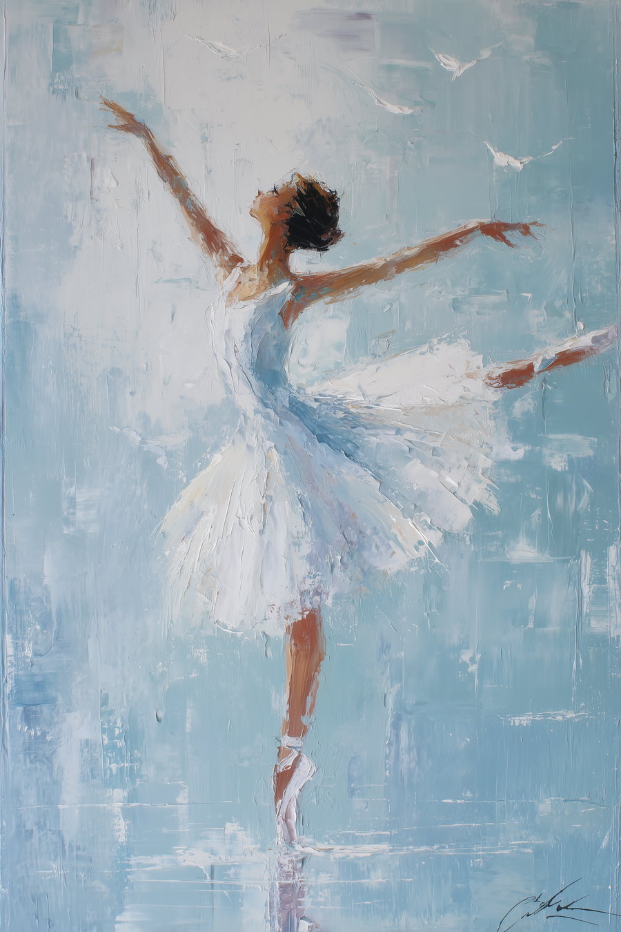 Oil painting of a ballerina in a white tutu dancing on her toes with arms outstretched against a soft blue background