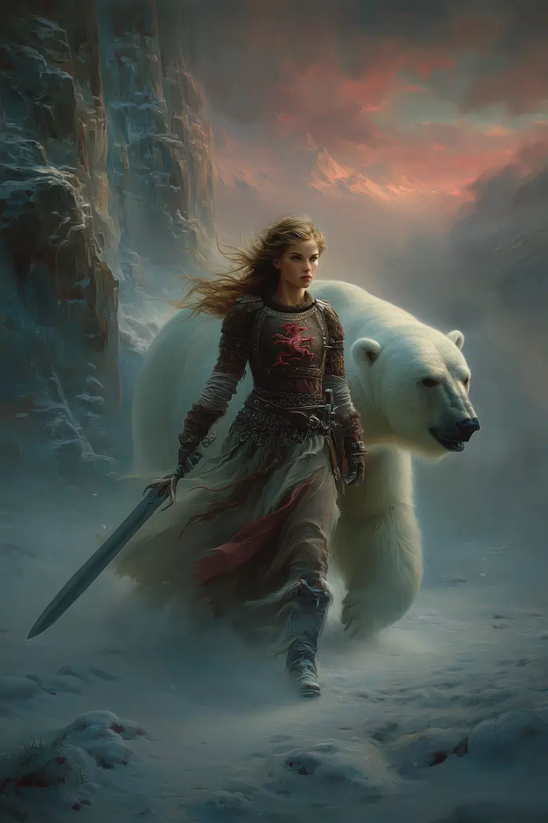Fantasy warrior woman with a sword and a large polar bear walking through a snowy landscape at sunset