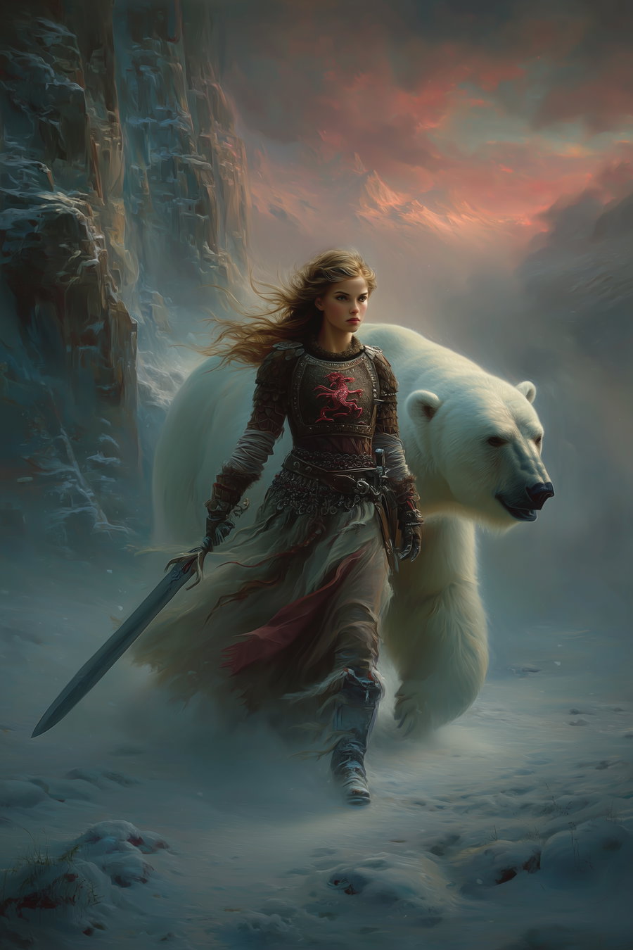 A female warrior in armor holding a sword walks beside a large polar bear in a snowy mountainous landscape with a colorful sunset sky