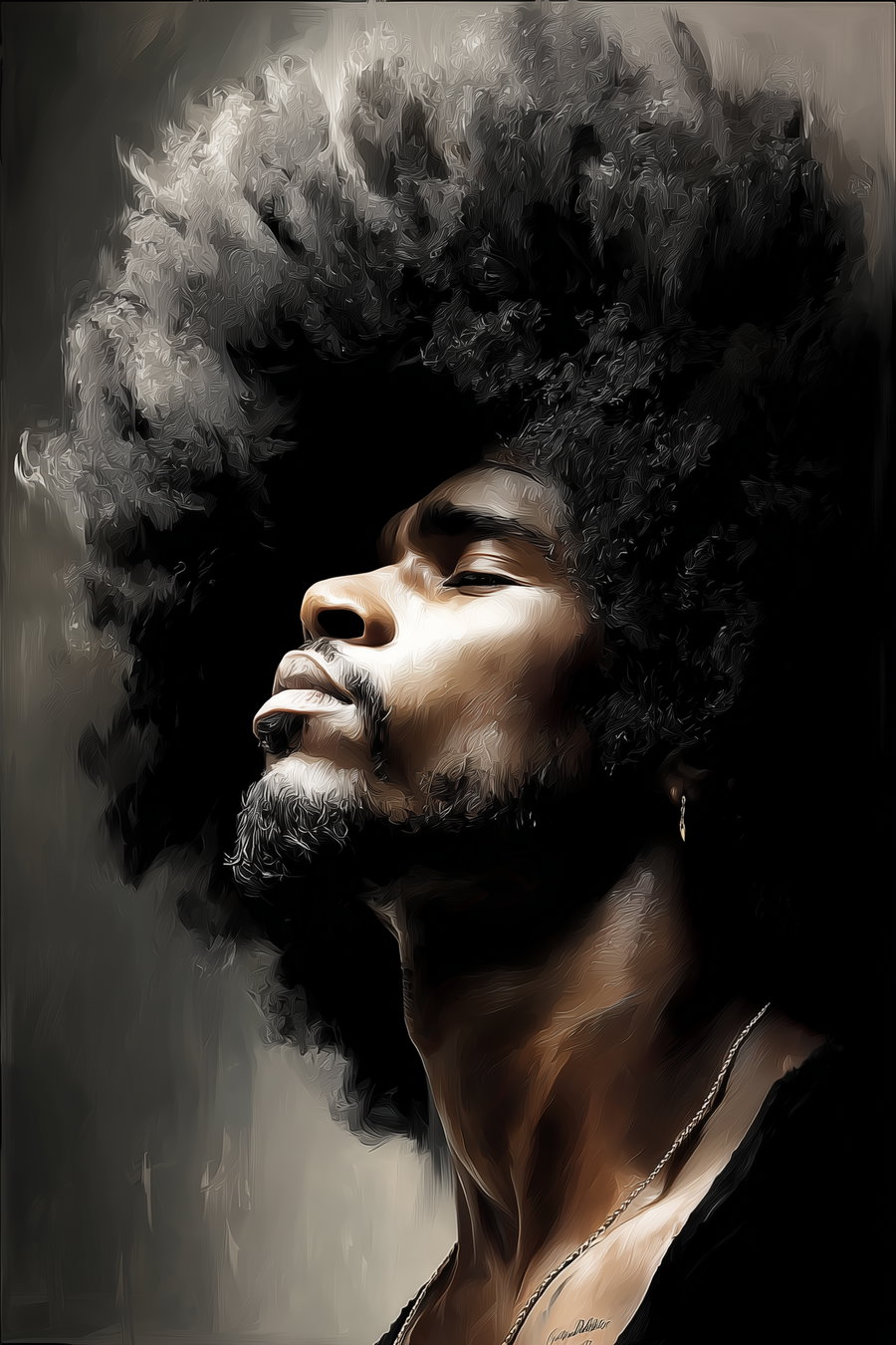 Digital painting of a man with a large afro hairstyle, closed eyes, and a contemplative expression, rendered in warm tones with detailed brush strokes