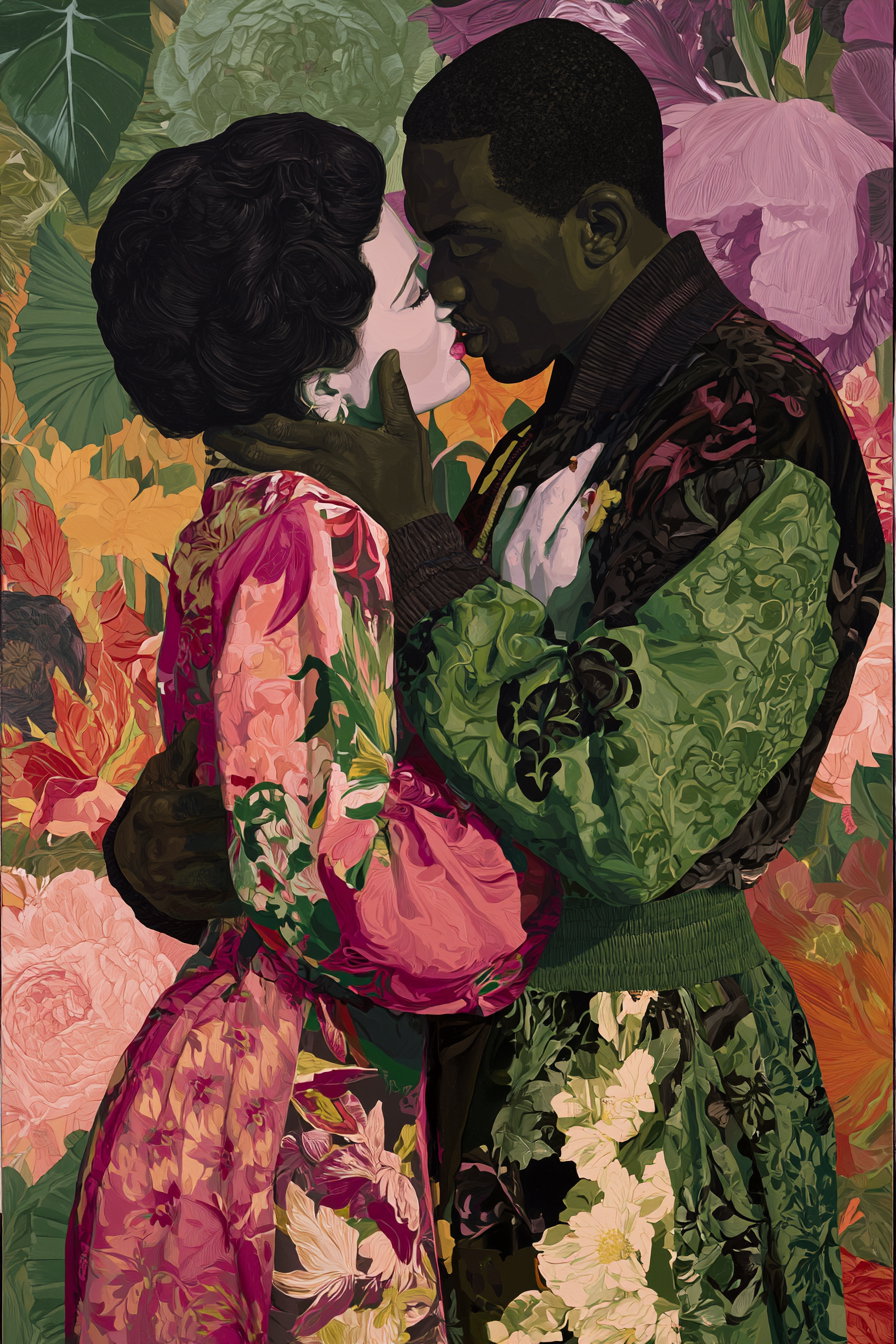 A detailed painting of a couple about to kiss, dressed in vibrant floral-patterned clothing, with a background full of large colorful flowers.