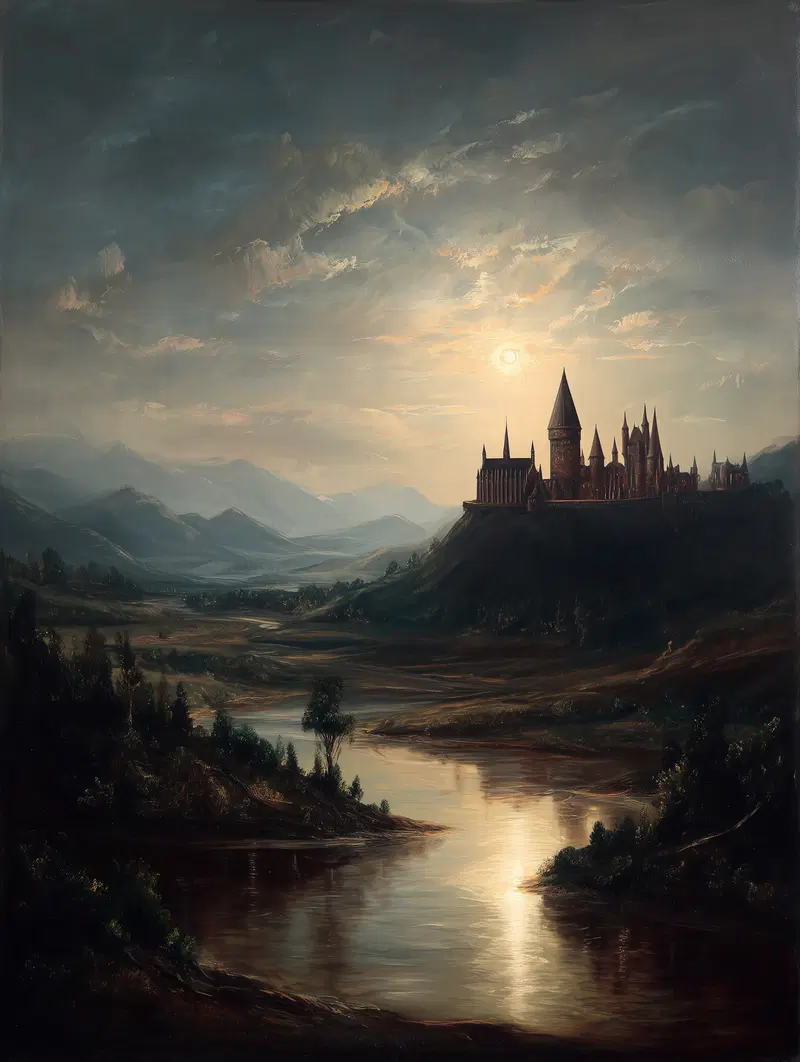 Mystical moonlit landscape with a castle on a hill and a winding river below