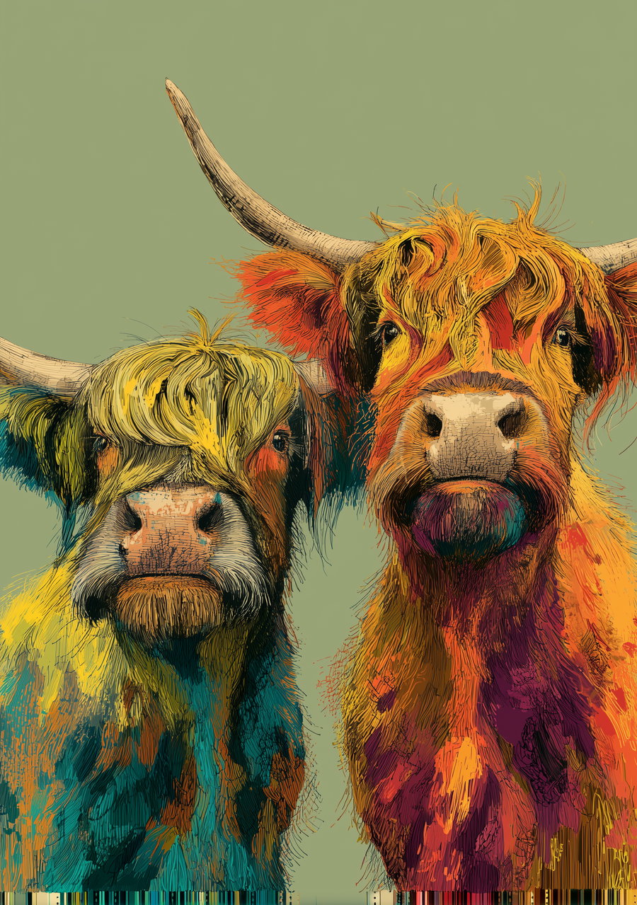Illustration of two Highland cows with long horns and shaggy fur in bright abstract colors on a plain muted green background