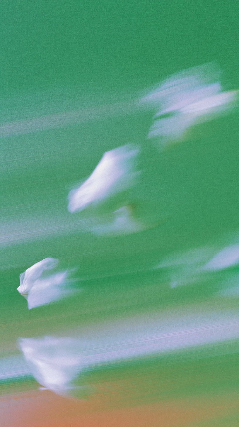 Abstract image with green background and white blurred shapes creating a motion effect