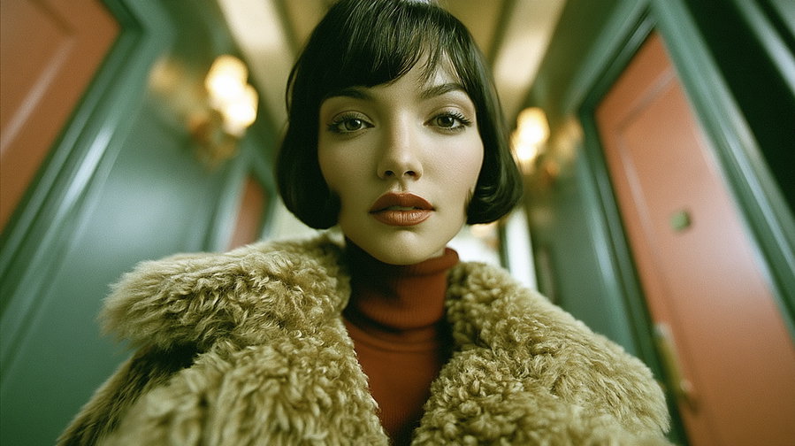A close-up photo of a woman with short dark hair, wearing a fluffy fur coat and a red turtleneck, standing in a hallway with green and orange walls