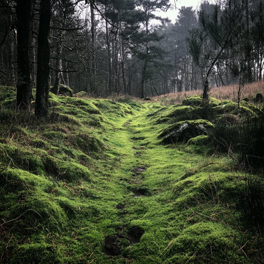 A narrow forest path covered in bright green moss with trees and rocks along the sides under a misty sky