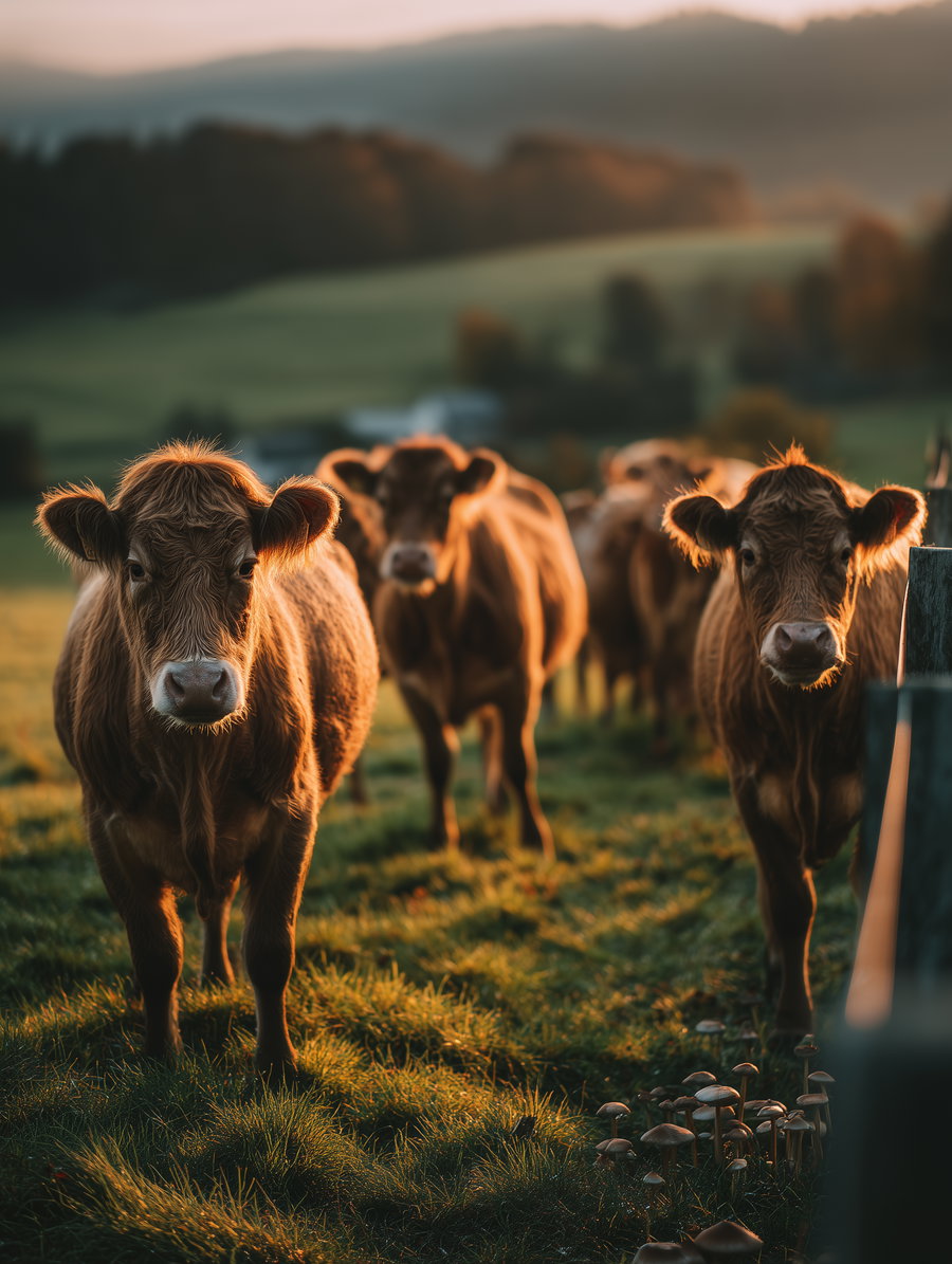 A group of brown cows standing on a grassy field with warm sunlight illuminating their fur, with some mushrooms visible in the grass and hills in the background