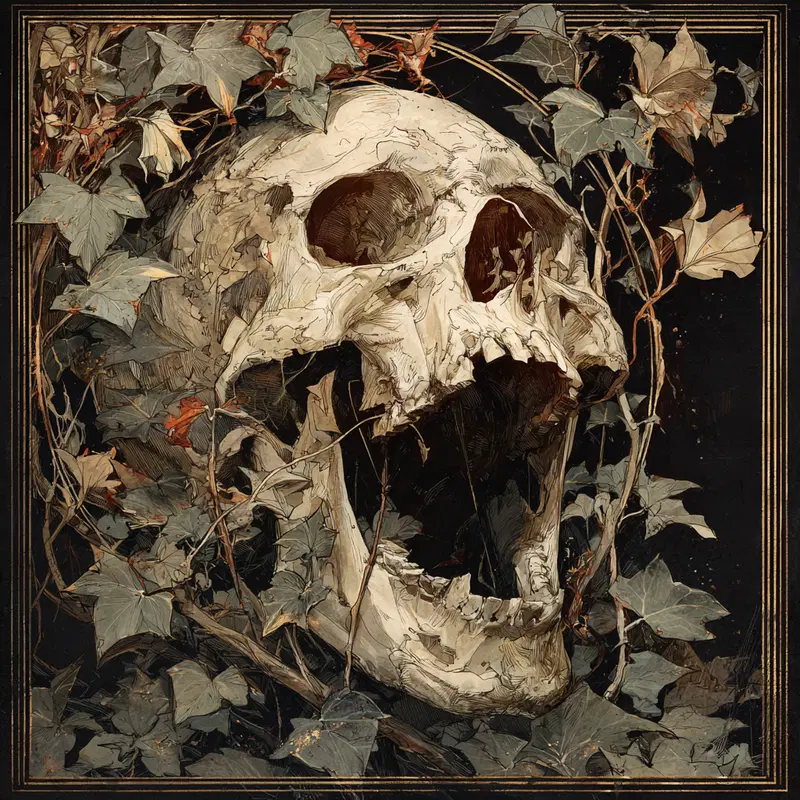 Skull surrounded by dark green ivy in a moody artistic style