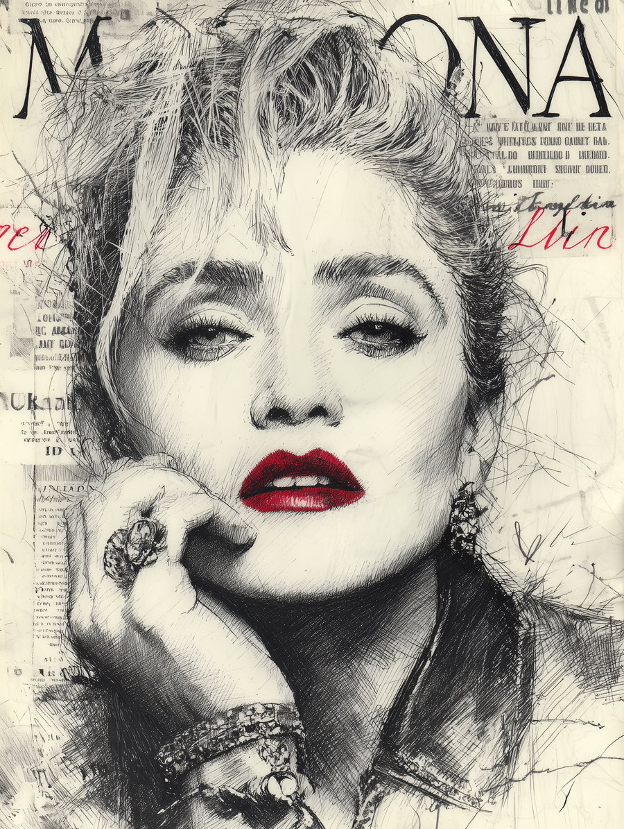 Black and white pencil drawing of a woman's face with bright red lips, wearing rings and bracelets, with messy hair and a thoughtful expression