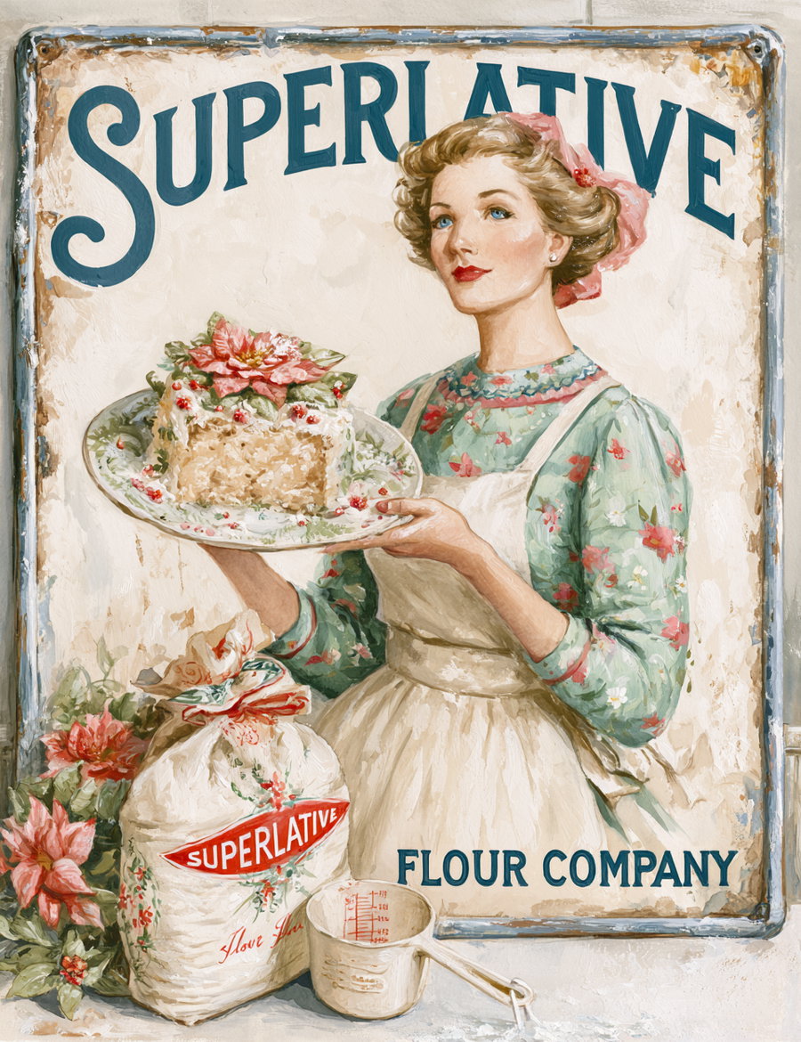 Illustration of a woman in vintage clothing holding a decorated cake on a plate, with a bag of flour and a measuring cup in front, text reads Superlative Flour Company
