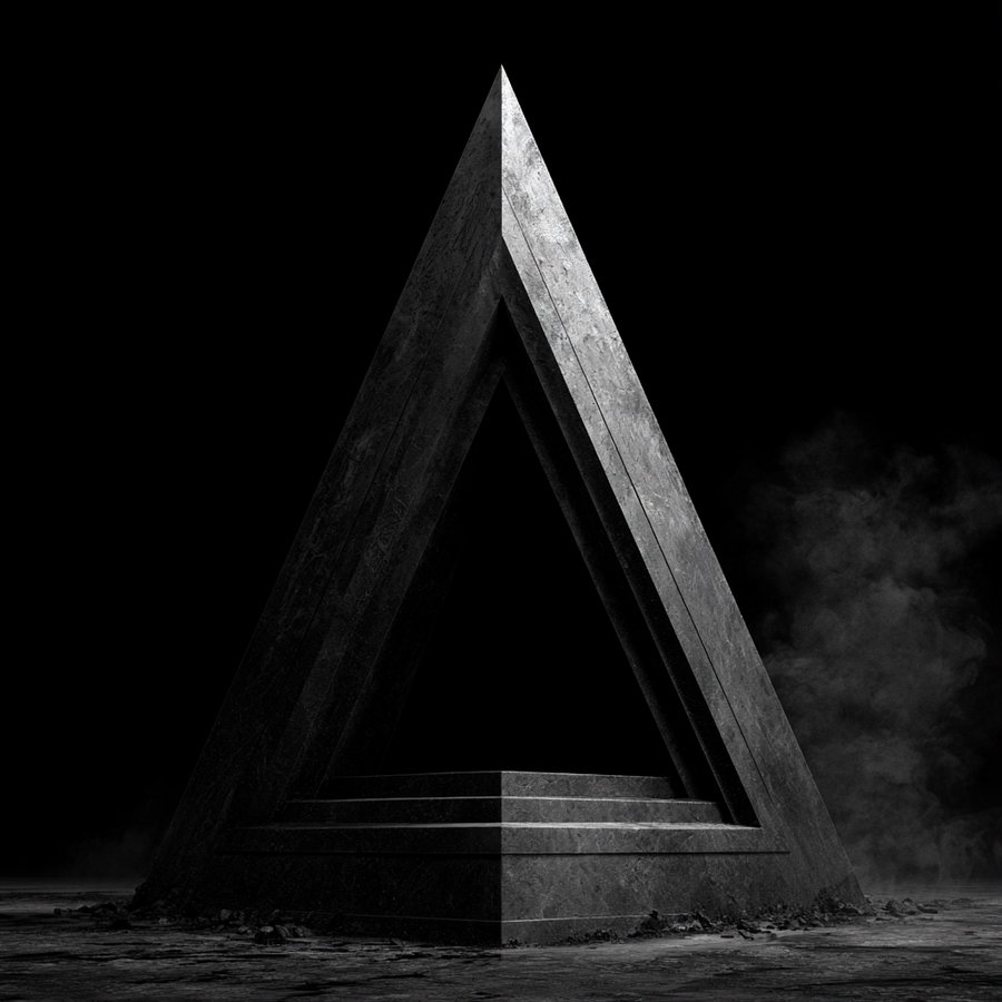 A three-dimensional, black and gray triangular stone sculpture standing on a cracked ground with mist or smoke in the background, all set against a black backdrop.
