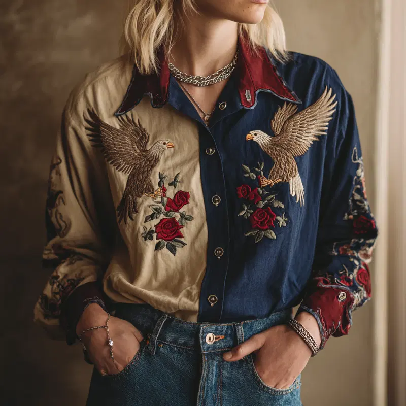 Detailed embroidery of eagles and roses on a stylish shirt front
