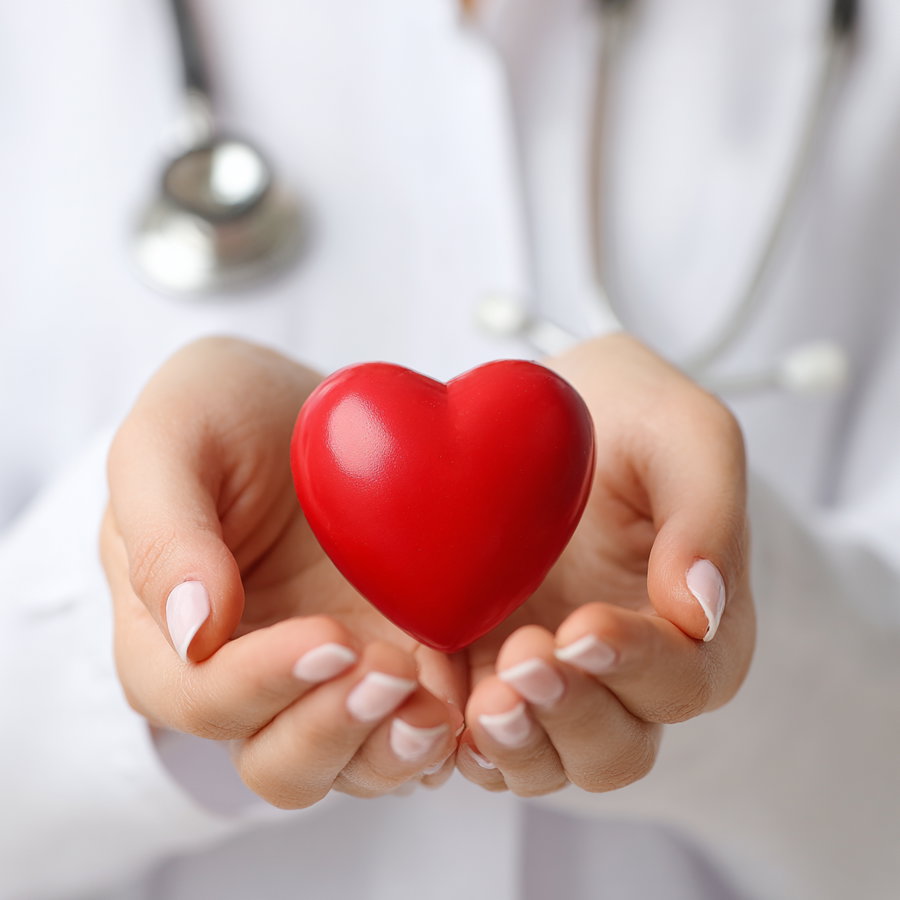 Hands with manicured nails holding a shiny red heart object with a stethoscope and white coat visible in background