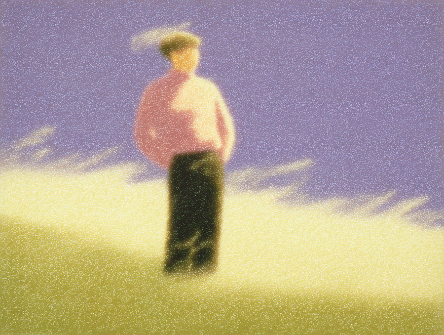 Stylized and blurred image of a person wearing a pink top and dark pants, standing against a purple background with yellow light effects