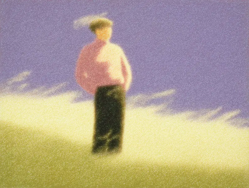 Dreamy artistic image of a person standing in glowing light with a purple background