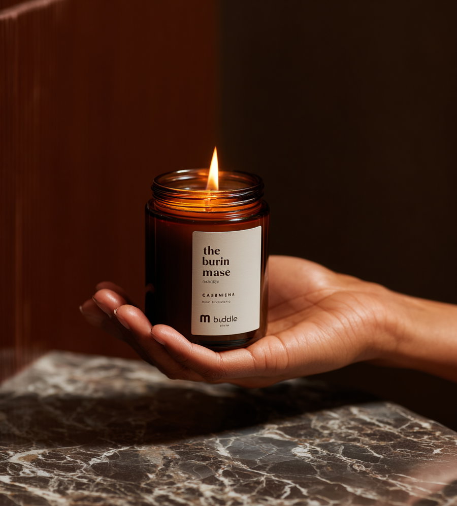 A hand holding a lit brown glass jar candle with a label, over a dark marble surface and a dim warm background
