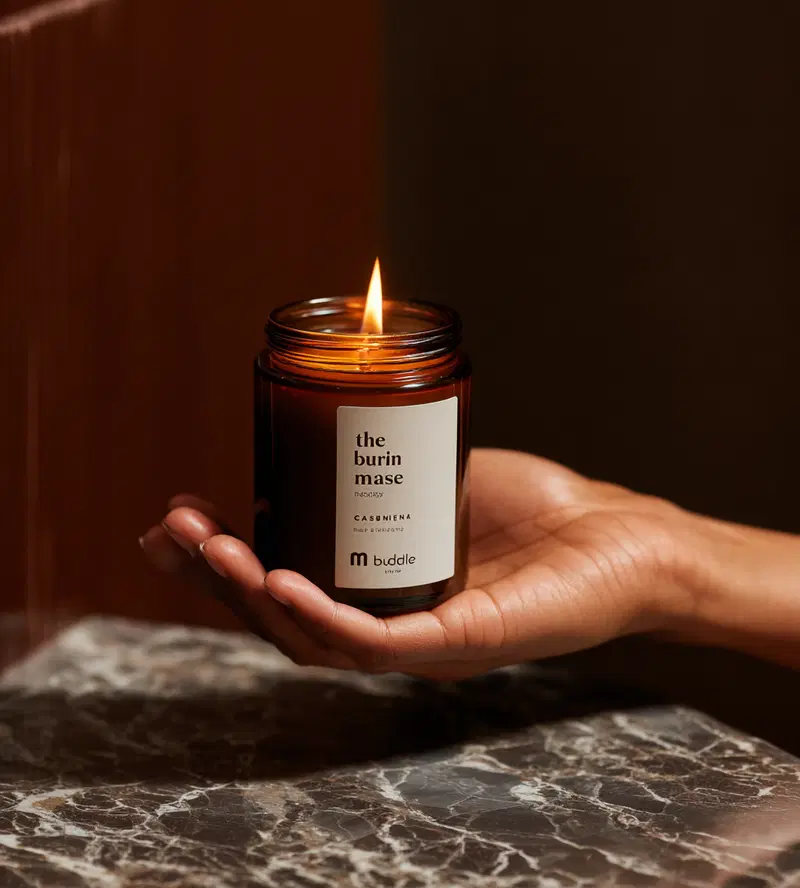Warm aesthetic featuring a hand holding a lit brown jar candle on marble surface