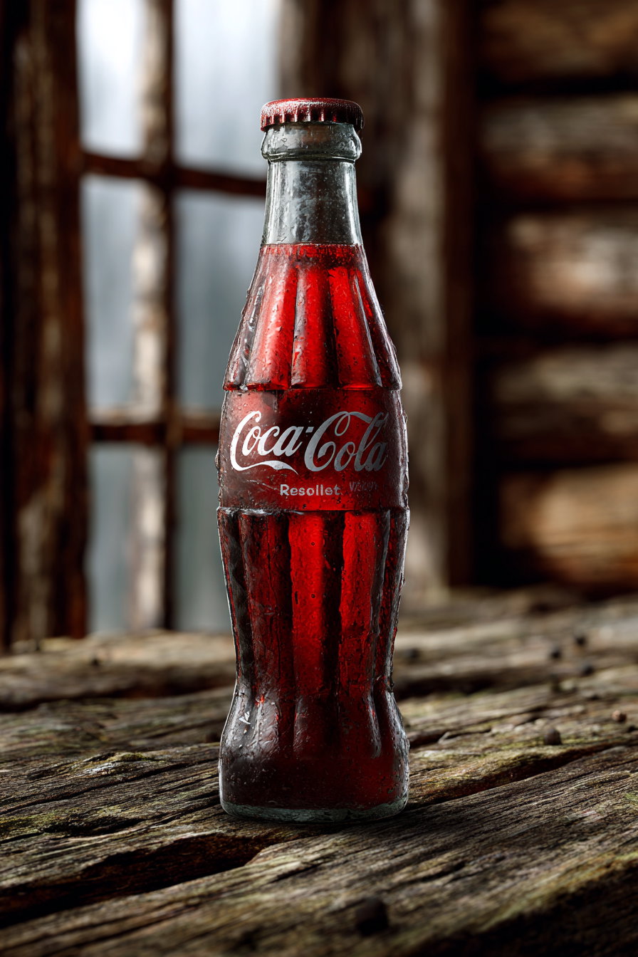 A vintage Coca-Cola glass bottle covered in water droplets standing on a weathered wooden surface with a blurred window and wooden wall background