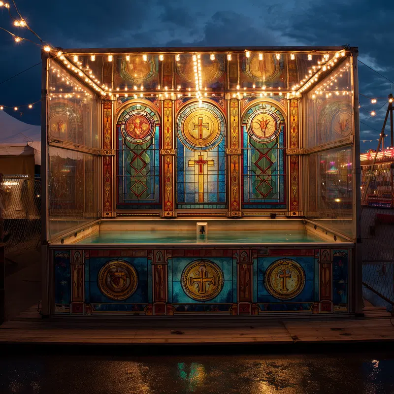 Vintage stained glass religious art illuminated with string lights at night