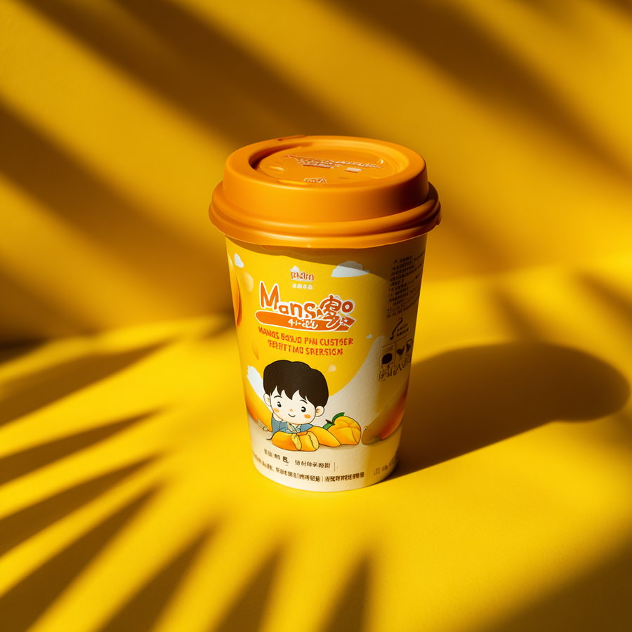 A yellow cup with an orange lid featuring a cartoon boy sitting among mango illustrations, set against a yellow background with shadows.
