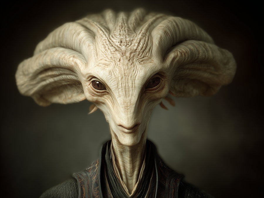 Close-up image of an alien-like creature with a large, elaborate head and expressive eyes, wearing textured clothing, set against a dark background