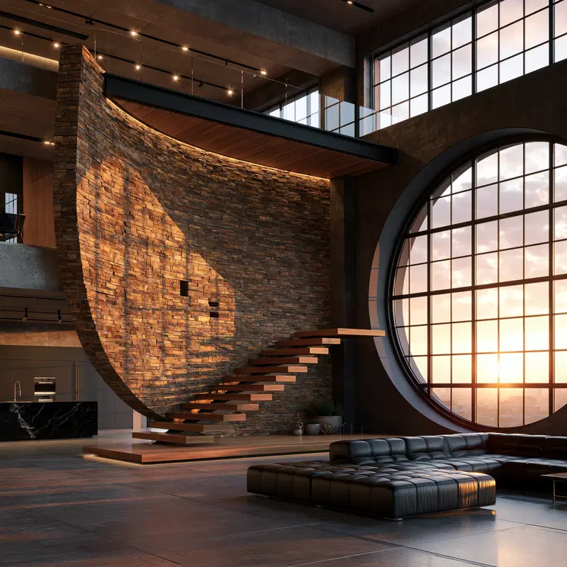 Modern loft interior with curved brick wall and floating stairs at sunset