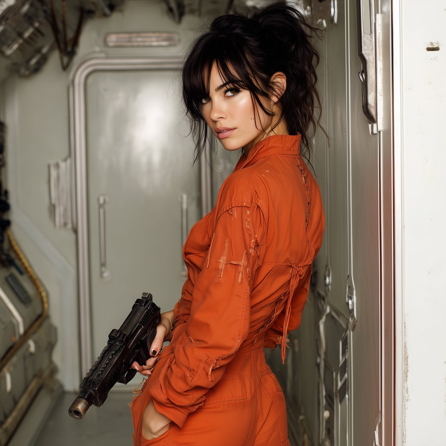 young woman wearing a tattered orange jumpsuit holding a black futuristic gun, leaning against a wall in a metallic or industrial setting