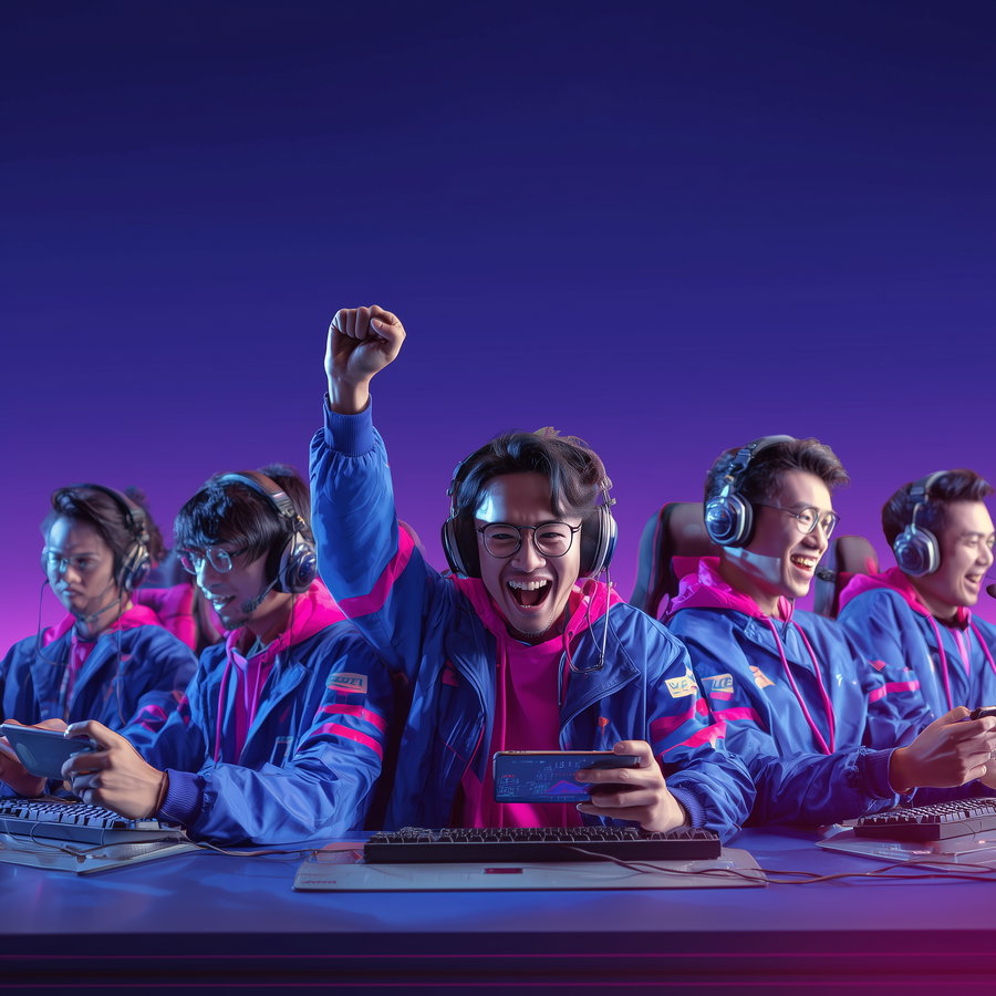 Five young men wearing headphones and blue jackets with pink accents, sitting side by side at a gaming setup with computers and keyboards against a purple gradient background, one raising his fist in excitement