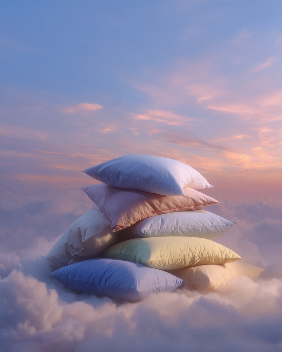 A pyramid stack of seven pastel-colored pillows resting on fluffy clouds against a pastel sunset sky.